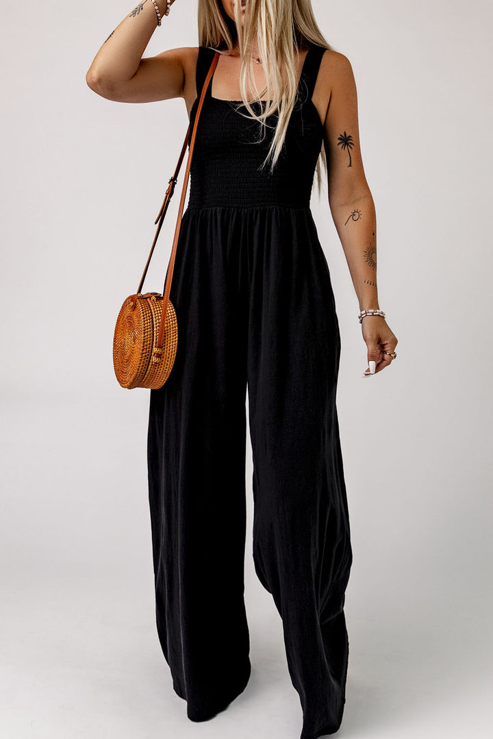 Smocked Square Neck Wide Leg Jumpsuit with Pockets in multiple colors – Jowlili