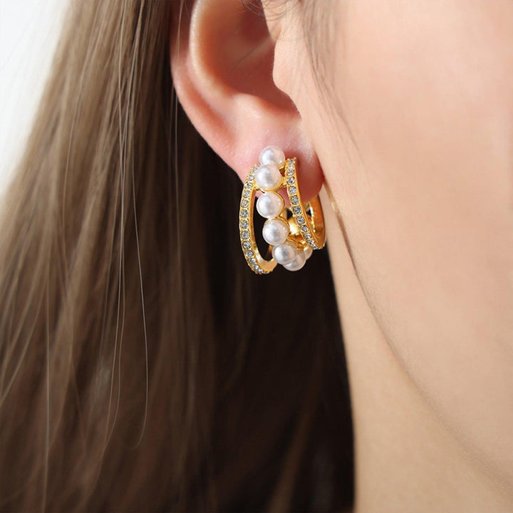 18K gold-plated Pearl Titanium Steel C-Hoop Earrings - JOWLILI