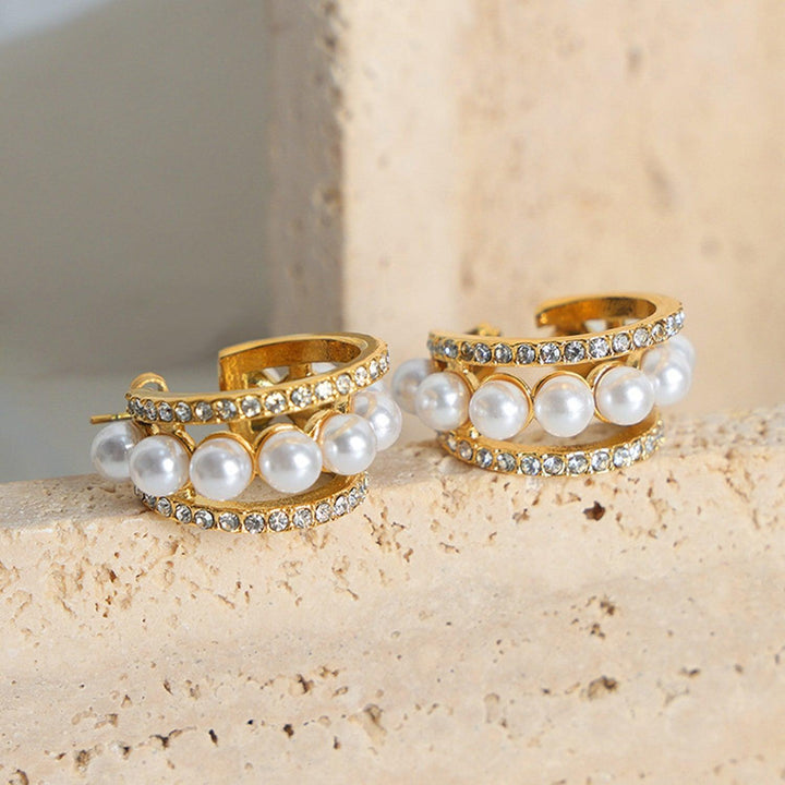 18K gold-plated Pearl Titanium Steel C-Hoop Earrings - JOWLILI