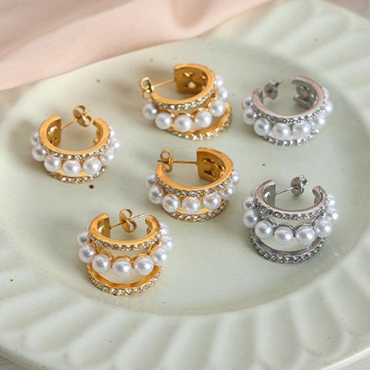 18K gold-plated Pearl Titanium Steel C-Hoop Earrings - JOWLILI