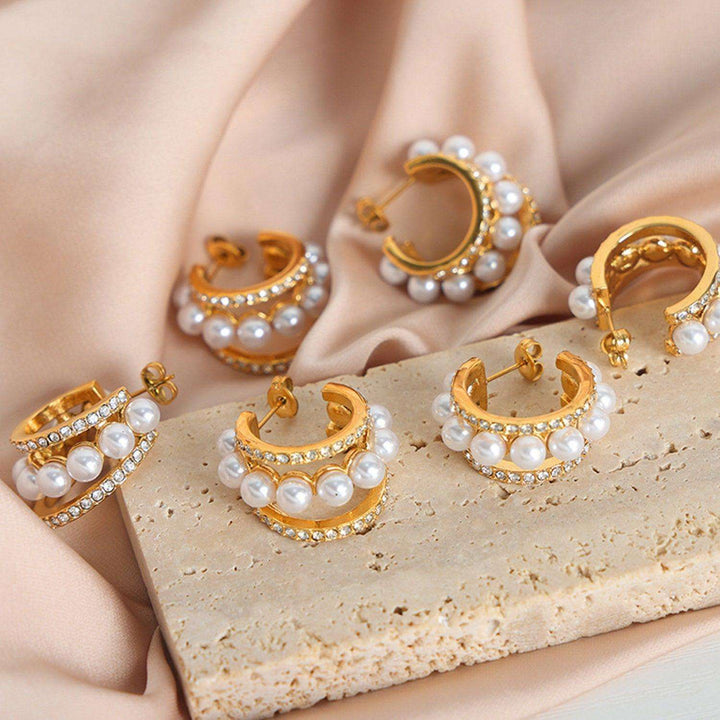 18K gold-plated Pearl Titanium Steel C-Hoop Earrings - JOWLILI