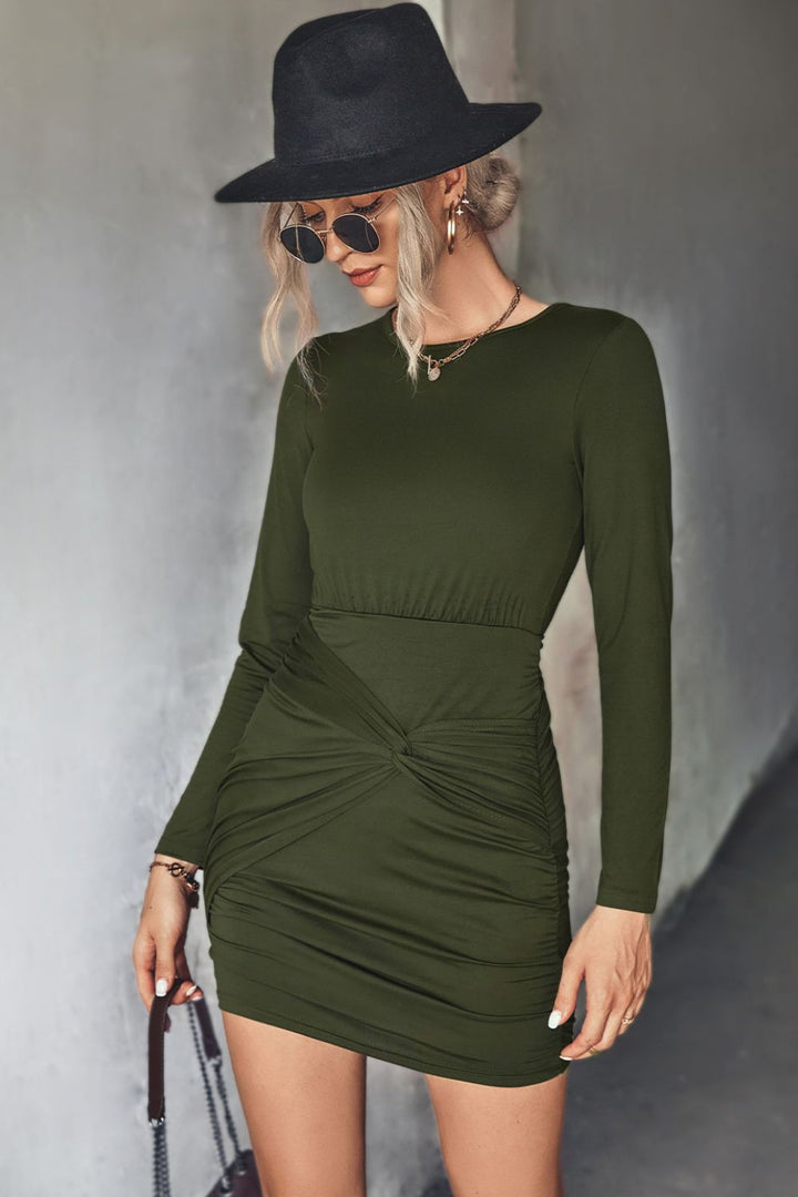 Elegant twist front ruched long sleeve mini dress in olive green & black – Jowlili