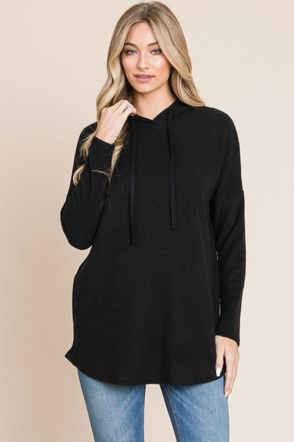 BOMBOM Contrast Drawstring Drop Shoulder Knit Hoodie - JOWLILI