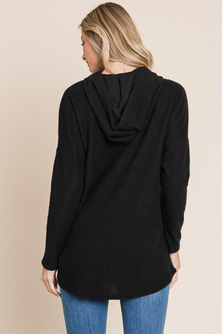BOMBOM Contrast Drawstring Drop Shoulder Knit Hoodie - JOWLILI