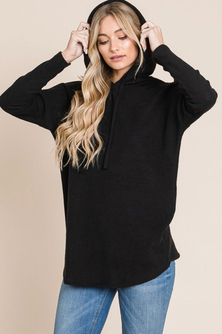 BOMBOM Contrast Drawstring Drop Shoulder Knit Hoodie - JOWLILI