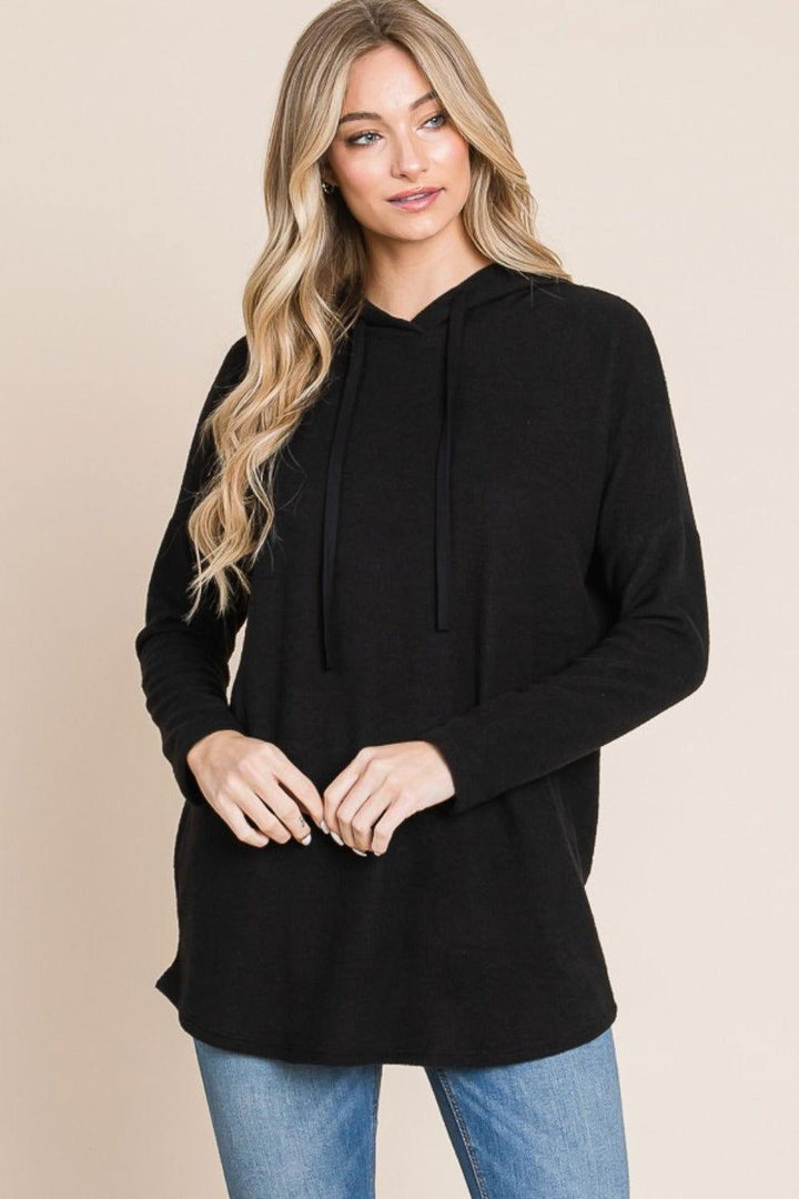 BOMBOM Contrast Drawstring Drop Shoulder Knit Hoodie - JOWLILI