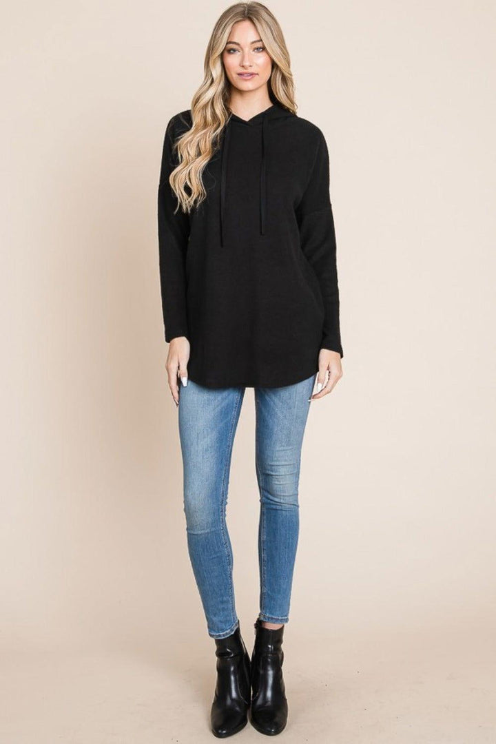 BOMBOM Contrast Drawstring Drop Shoulder Knit Hoodie - JOWLILI