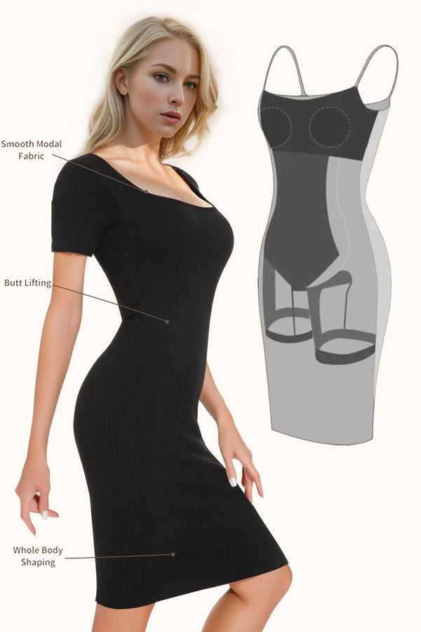 Basic Bae Full Size Built-In Shapewear Square Neck Short Sleeve Dress - JOWLILI