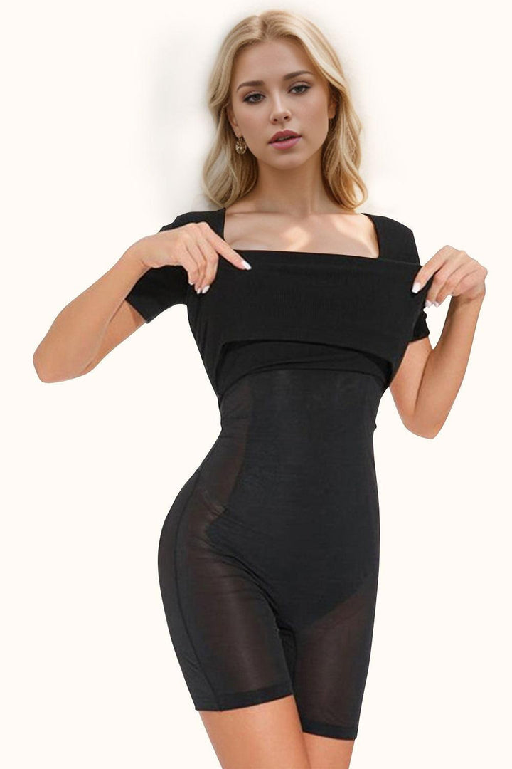 Basic Bae Full Size Built-In Shapewear Square Neck Short Sleeve Dress - JOWLILI