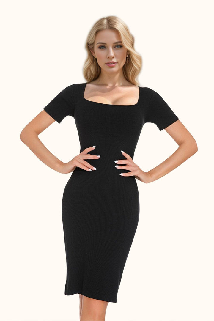 Basic Bae Full Size Built-In Shapewear Square Neck Short Sleeve Dress - JOWLILI