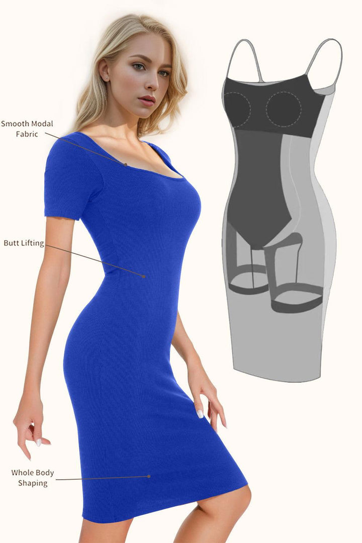 Basic Bae Full Size Built-In Shapewear Square Neck Short Sleeve Dress - JOWLILI