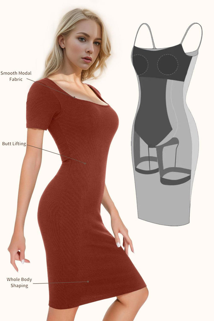 Basic Bae Full Size Built-In Shapewear Square Neck Short Sleeve Dress - JOWLILI