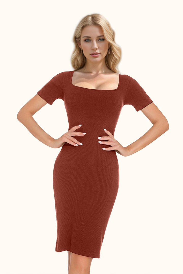 Basic Bae Full Size Built-In Shapewear Square Neck Short Sleeve Dress - JOWLILI