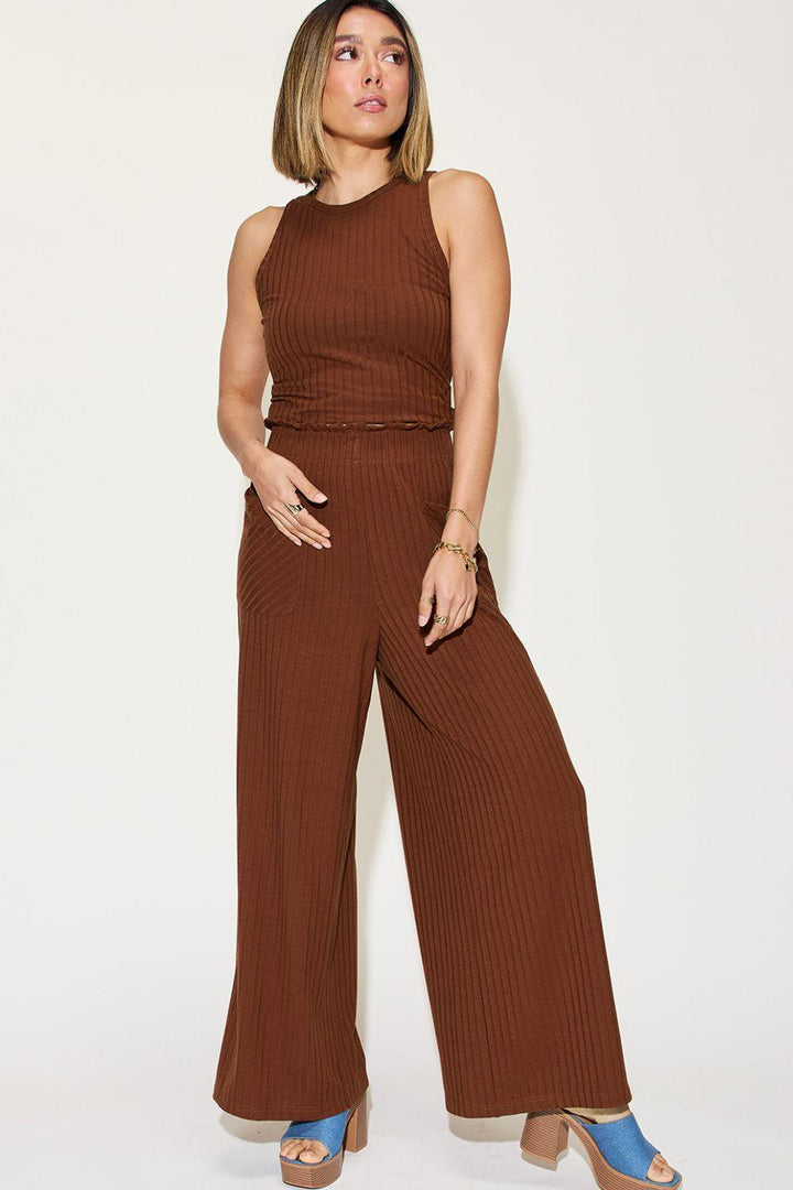 Basic Bae Full Size Ribbed Tank and Wide Leg Pants Set - JOWLILI