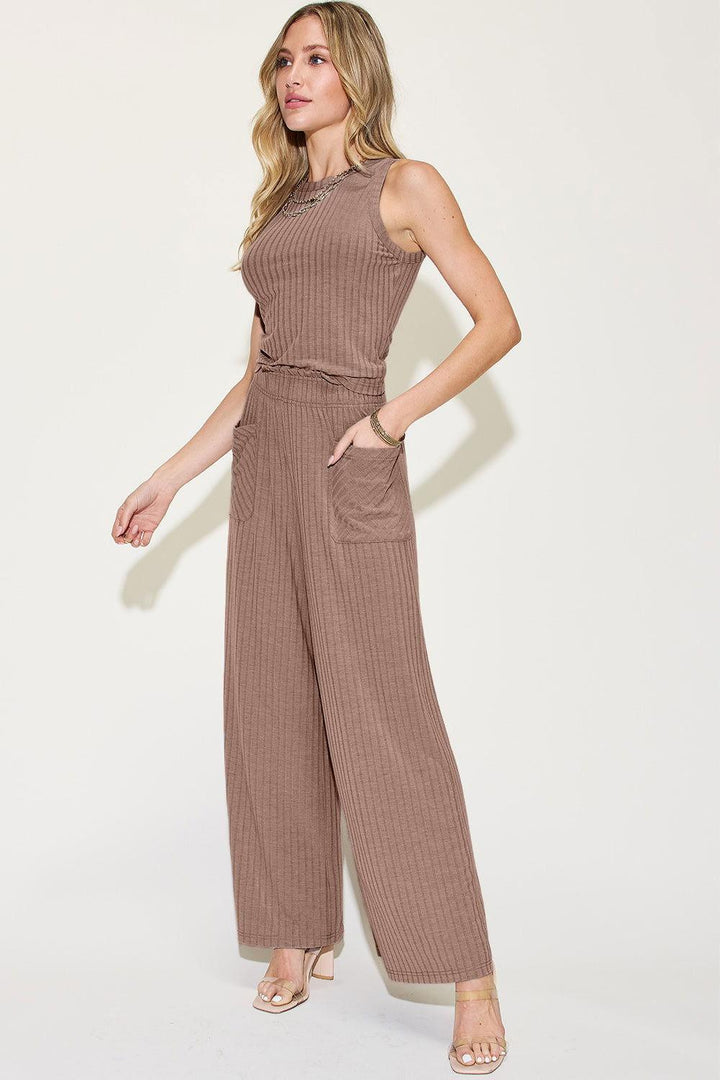 Basic Bae Full Size Ribbed Tank and Wide Leg Pants Set - JOWLILI