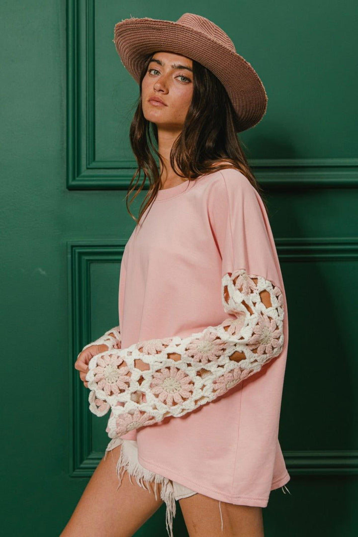 BiBi French Terry Crochet Sleeve Top - JOWLILI