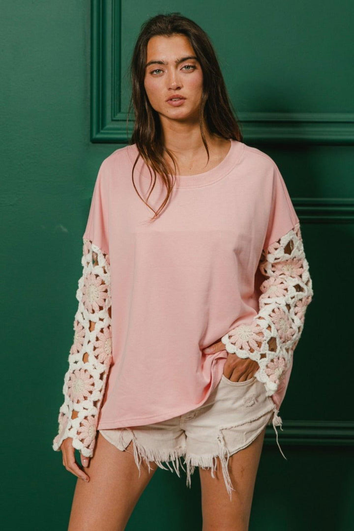 BiBi French Terry Crochet Sleeve Top - JOWLILI