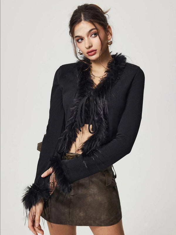 Black Feather-Trimmed Crop Cardigan - JOWLILI -  -  -  - - #tag1#