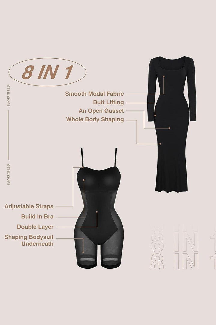 Built-In Shapewear Square Neck Long Sleeve Maxi Dress - JOWLILI
