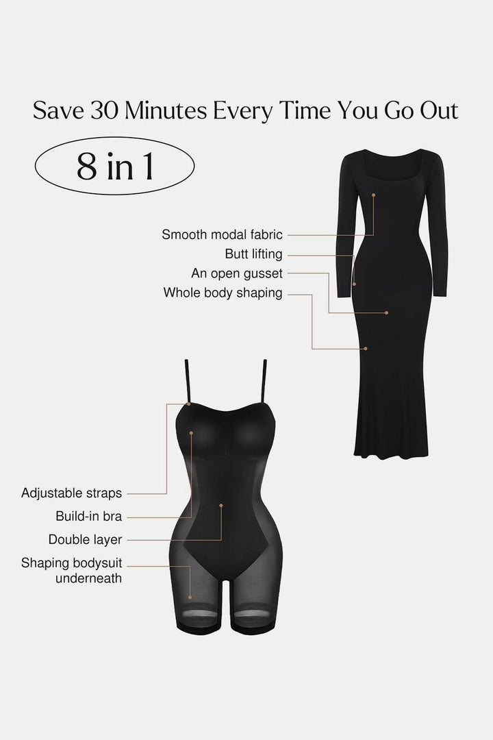 Built-In Shapewear Square Neck Long Sleeve Maxi Dress - JOWLILI