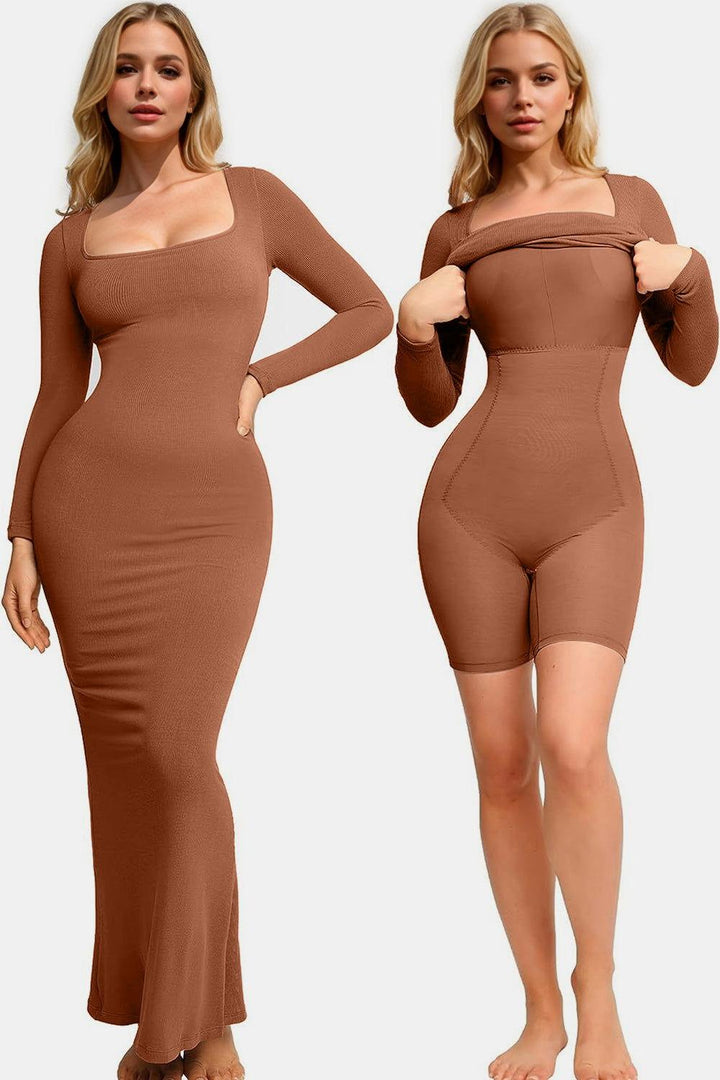 Built-In Shapewear Square Neck Long Sleeve Maxi Dress - JOWLILI