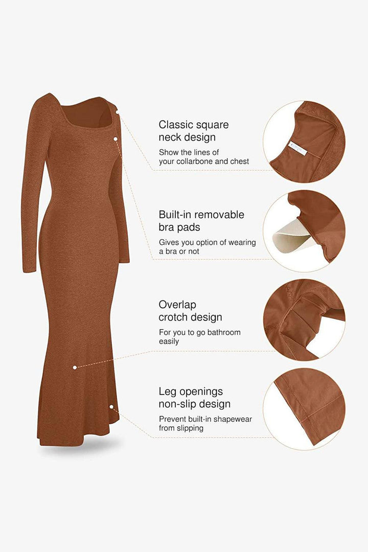 Built-In Shapewear Square Neck Long Sleeve Maxi Dress - JOWLILI