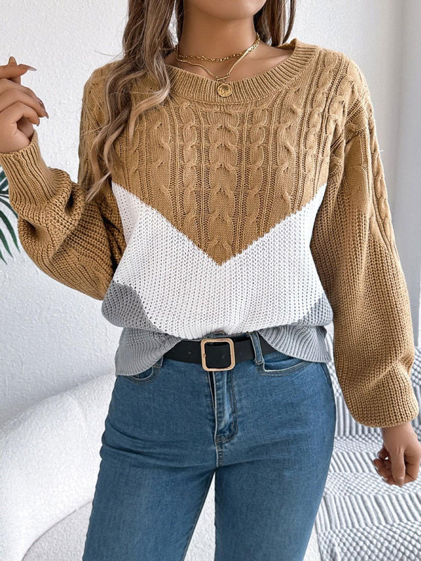 Cable-Knit Color Block Round Neck Sweater - JOWLILI