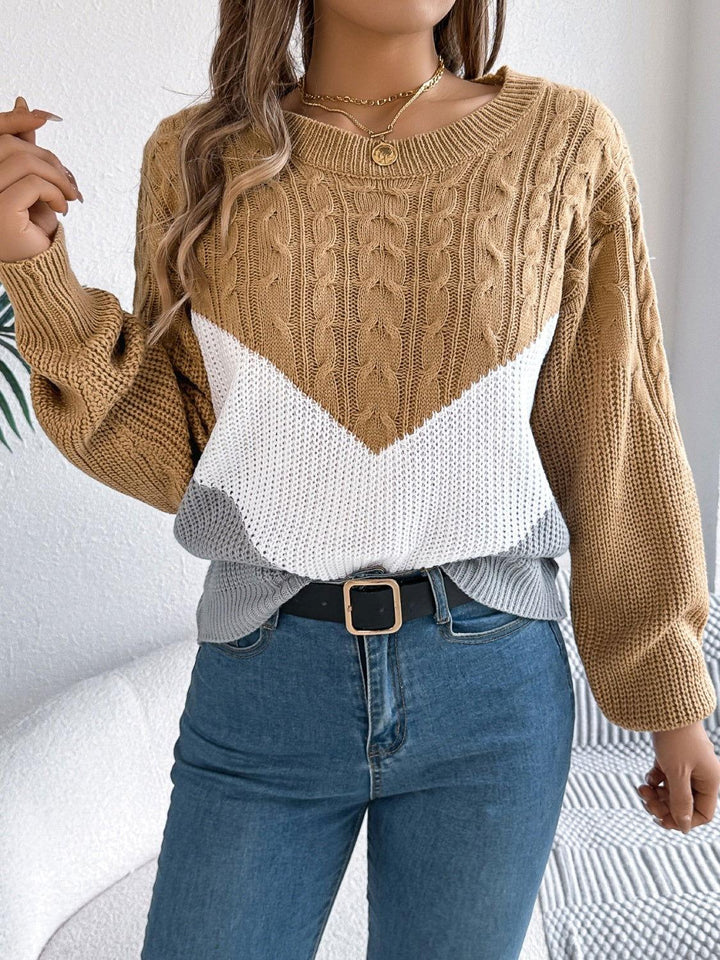 Cable-Knit Color Block Round Neck Sweater - JOWLILI