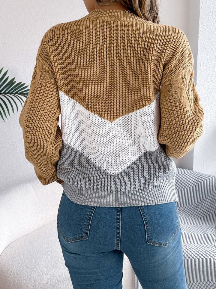 Cable-Knit Color Block Round Neck Sweater - JOWLILI