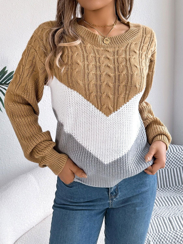 Cable-Knit Color Block Round Neck Sweater - JOWLILI