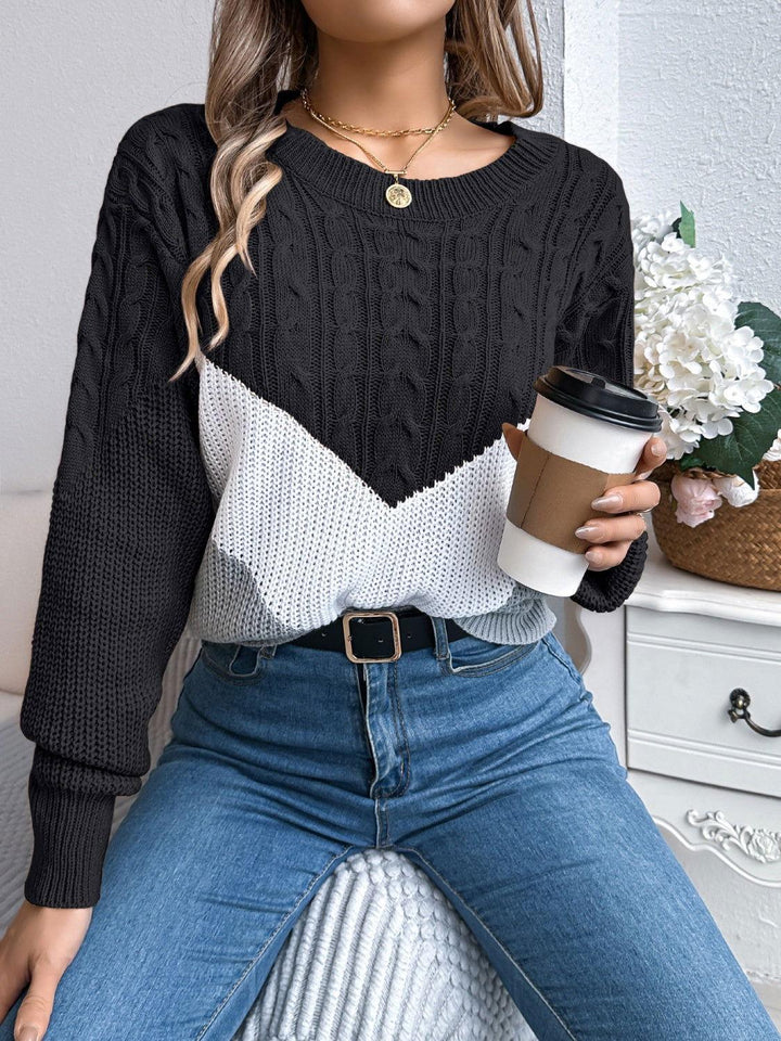 Cable-Knit Color Block Round Neck Sweater - JOWLILI