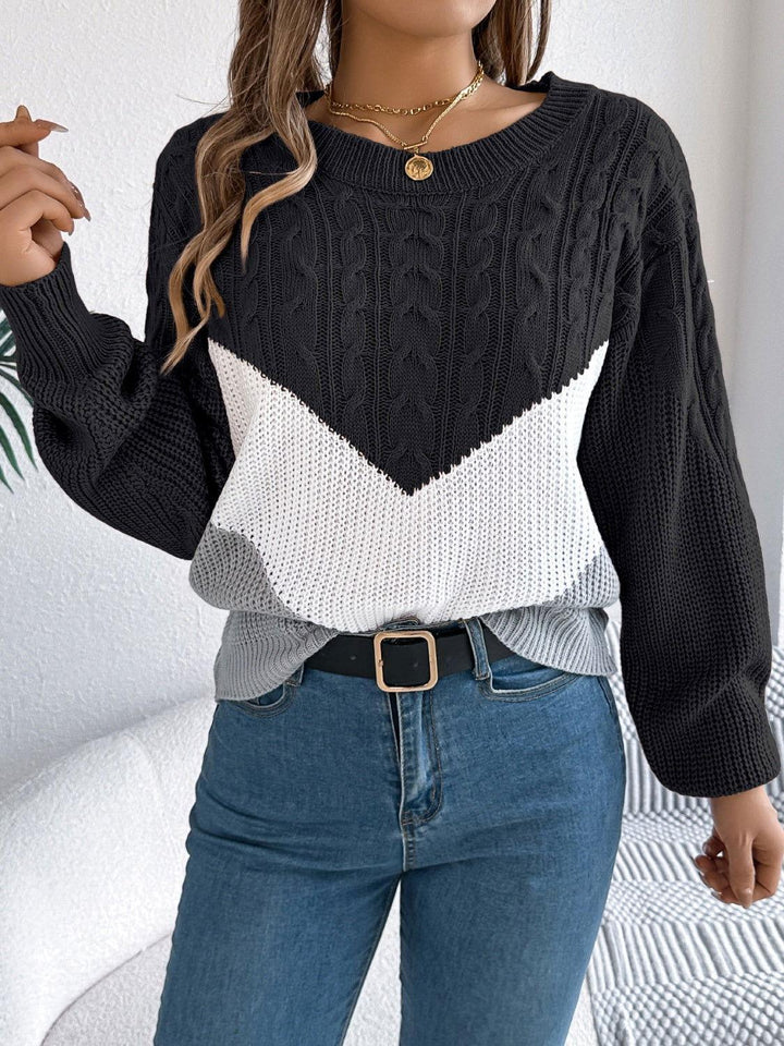 Cable-Knit Color Block Round Neck Sweater - JOWLILI