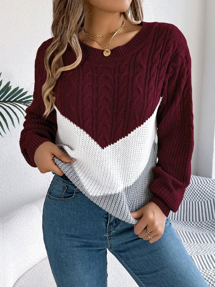 Cable-Knit Color Block Round Neck Sweater - JOWLILI