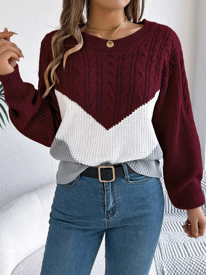 Cable-Knit Color Block Round Neck Sweater - JOWLILI