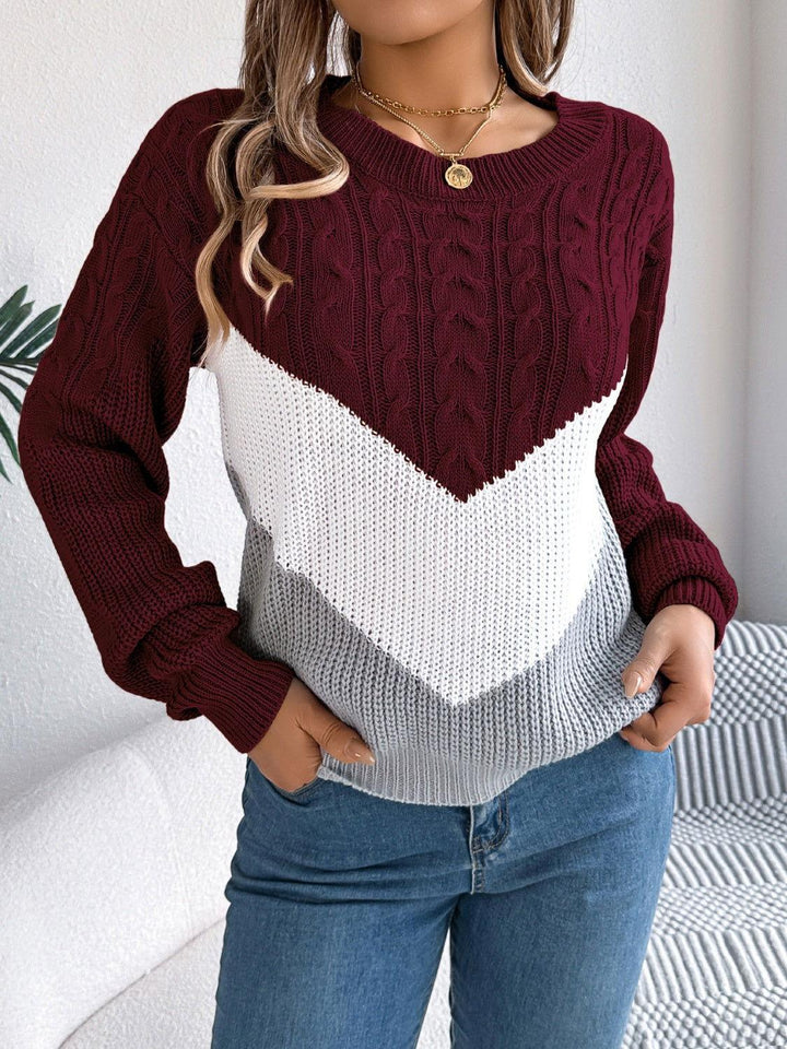 Cable-Knit Color Block Round Neck Sweater - JOWLILI