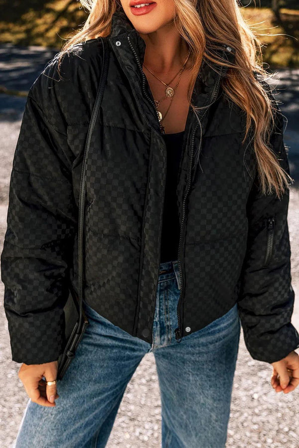 Checkered Turtleneck Zip Up Long Sleeve Winter Coat - JOWLILI