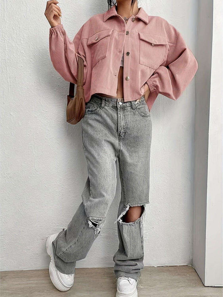 Collared Neck Dropped Shoulder Jacket - JOWLILI