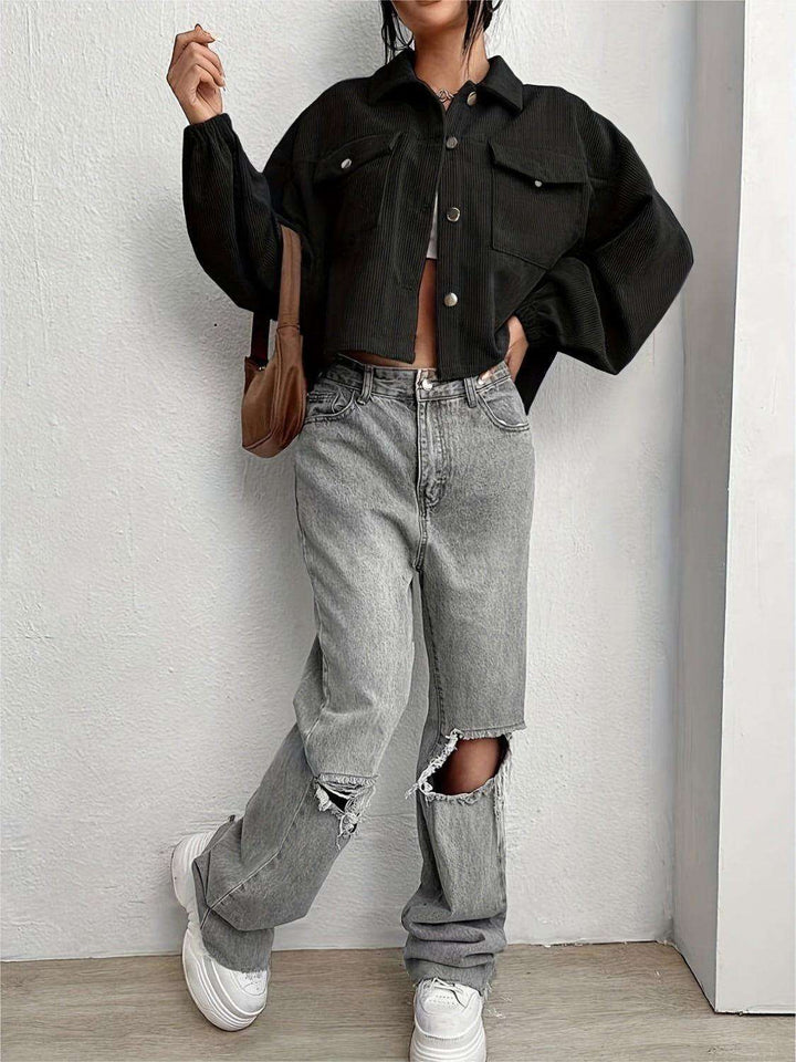 Collared Neck Dropped Shoulder Jacket - JOWLILI