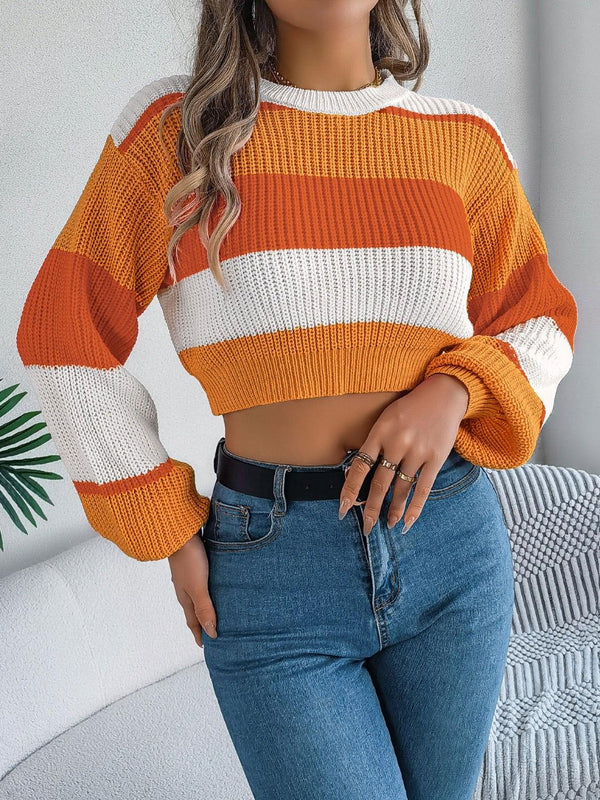 Color Block Round Neck Cropped Sweater - JOWLILI -  - Trendsi - Color Block Round Neck Cropped Sweater - JOWLILI - - #tag1#