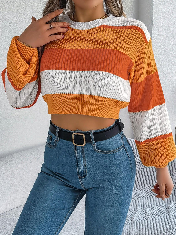 Color Block Round Neck Cropped Sweater - JOWLILI