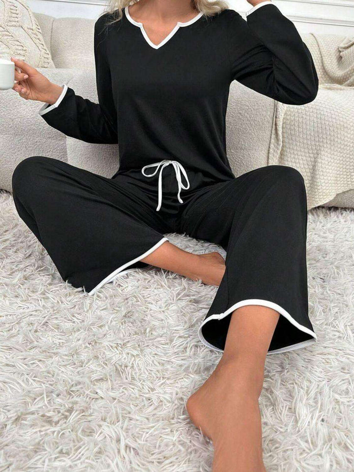 Contrast Trim Notched Long Sleeve Top and Pants Lounge Set - JOWLILI