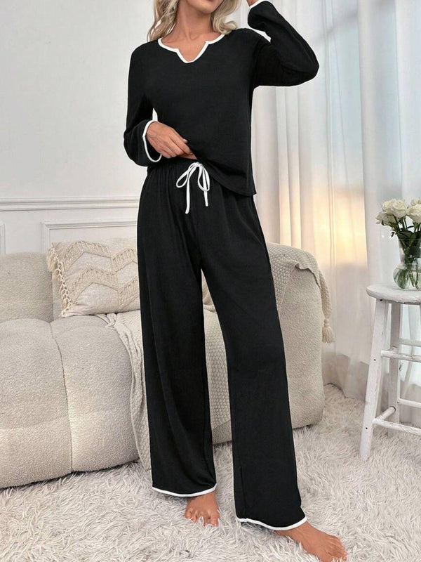 Contrast Trim Notched Long Sleeve Top and Pants Lounge Set - JOWLILI