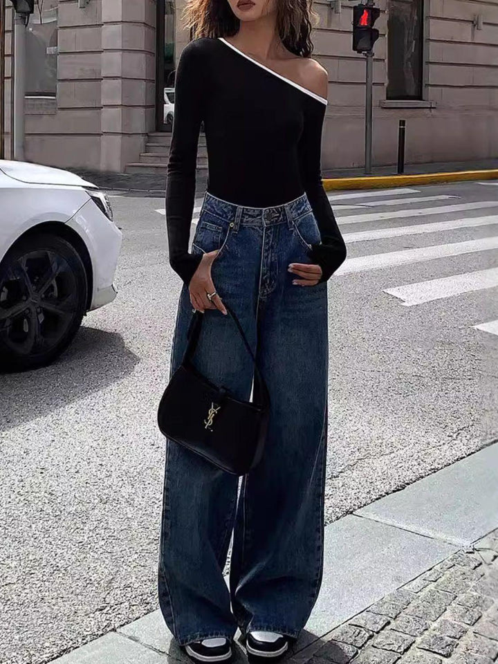 Contrast Trim One Shoulder Long Sleeve T-Shirt - JOWLILI