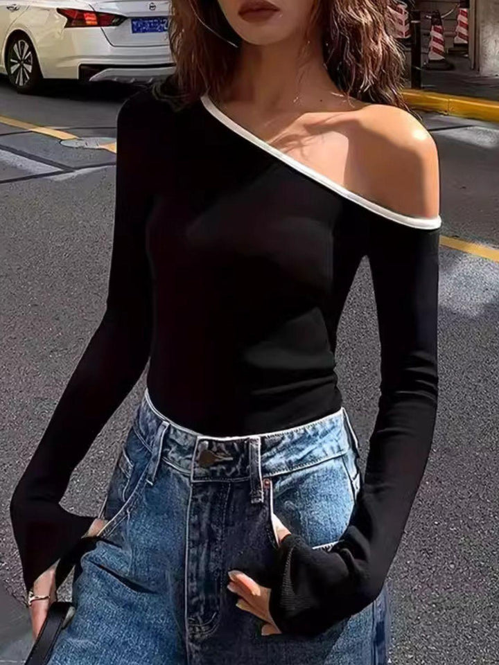 Contrast Trim One Shoulder Long Sleeve T-Shirt - JOWLILI
