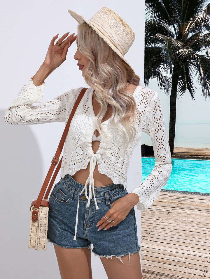 Crochet Drawstring V-Neck Beach Cover-Up - JOWLILI