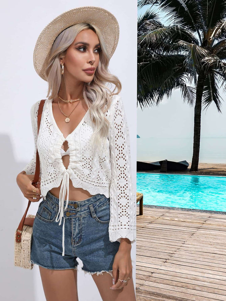 Crochet Drawstring V-Neck Beach Cover-Up - JOWLILI