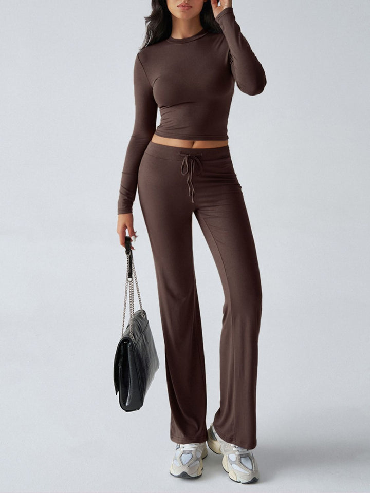 Devine Round Neck Long Sleeve Top and Drawstring Pants Set - JOWLILI