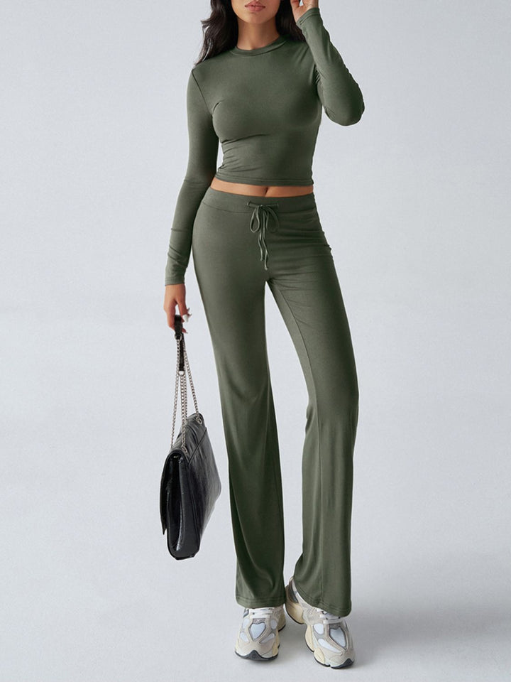 Devine Round Neck Long Sleeve Top and Drawstring Pants Set - JOWLILI