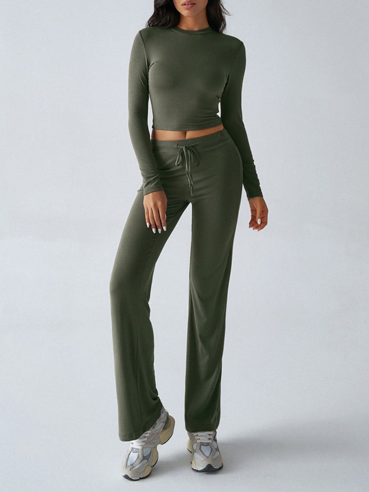 Devine Round Neck Long Sleeve Top and Drawstring Pants Set - JOWLILI