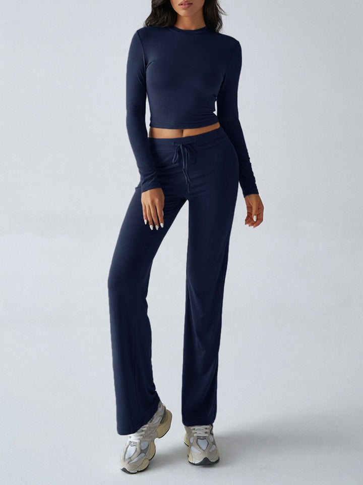 Devine Round Neck Long Sleeve Top and Drawstring Pants Set - JOWLILI